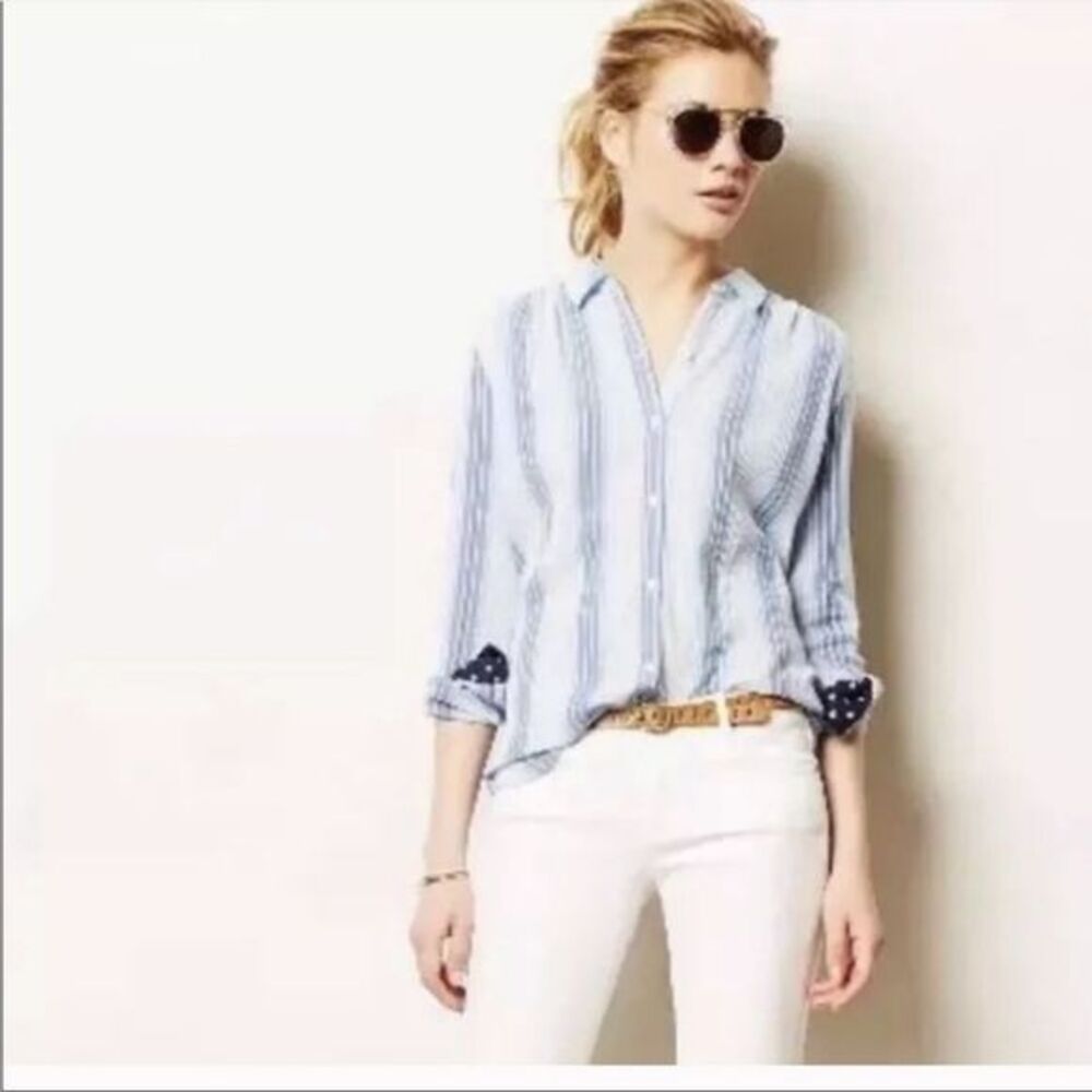 Anthropologie Isabella Sinclair Altay Lace Inset Top Blue Stripe Chambray XS